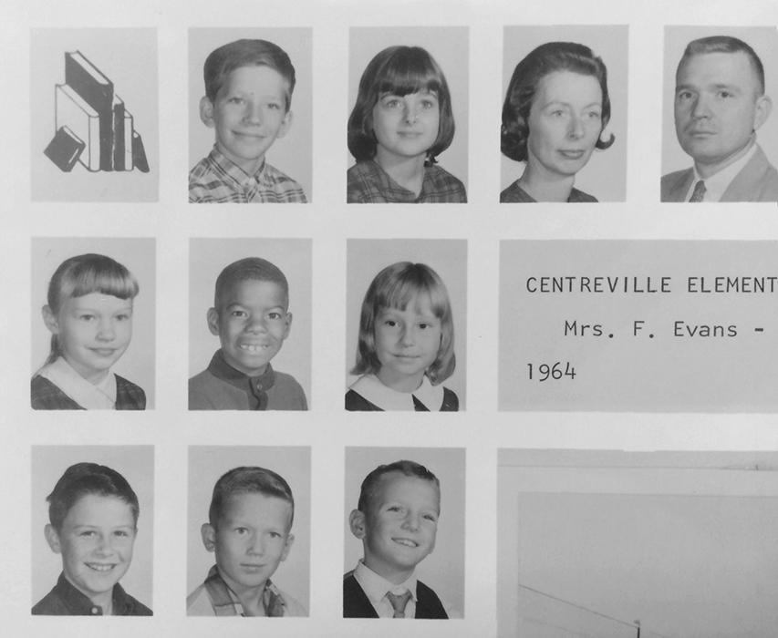 Black and white photograph of a portion of a page from Centreville’s 1964 to 1965 yearbook. Two teachers, male and female, are in the top right corner. On the left is a three by three grouping of student portraits. Eight 3rd grade students are pictured, three are girls and five are boys. All are Caucasian except for the boy in the middle who is African-American. 